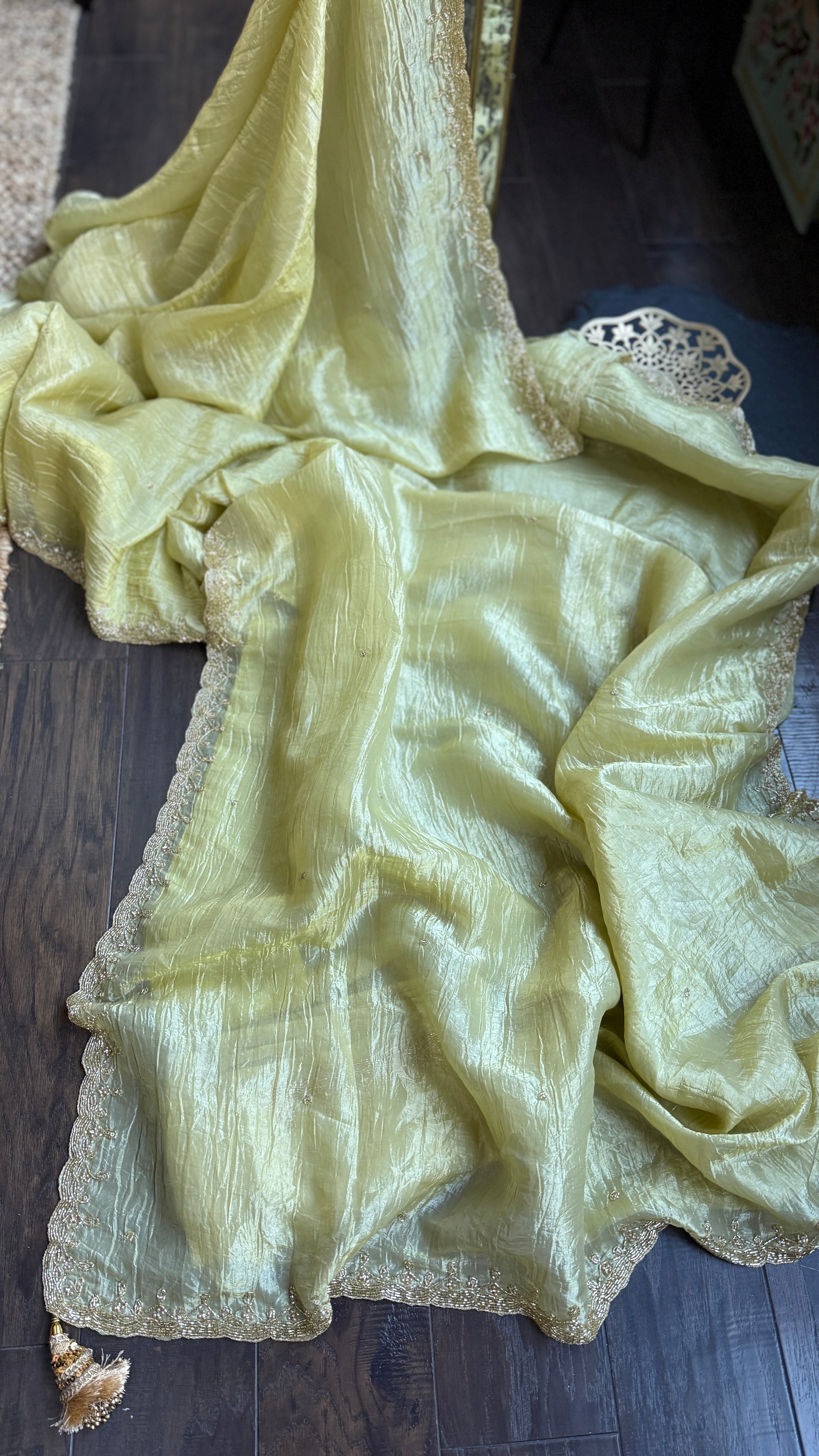 Designer Crushed Tissue Silk - Light Pista Embroidered