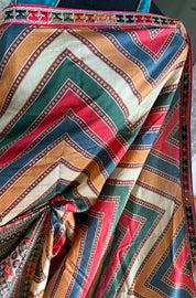 Satin Maslin Silk Printed - Beige Multi color Chevron