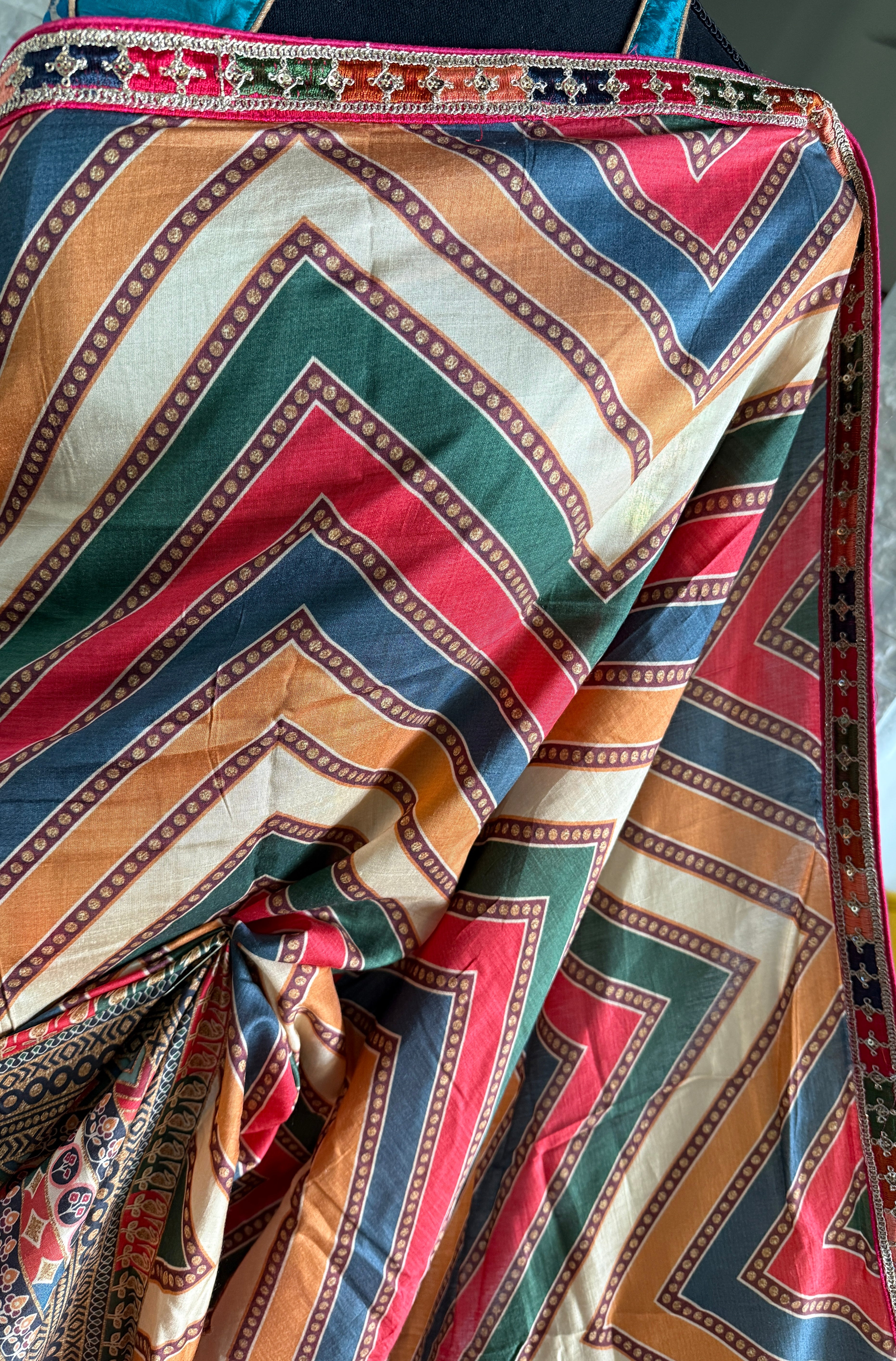 Satin Maslin Silk Printed - Beige Multi color Chevron
