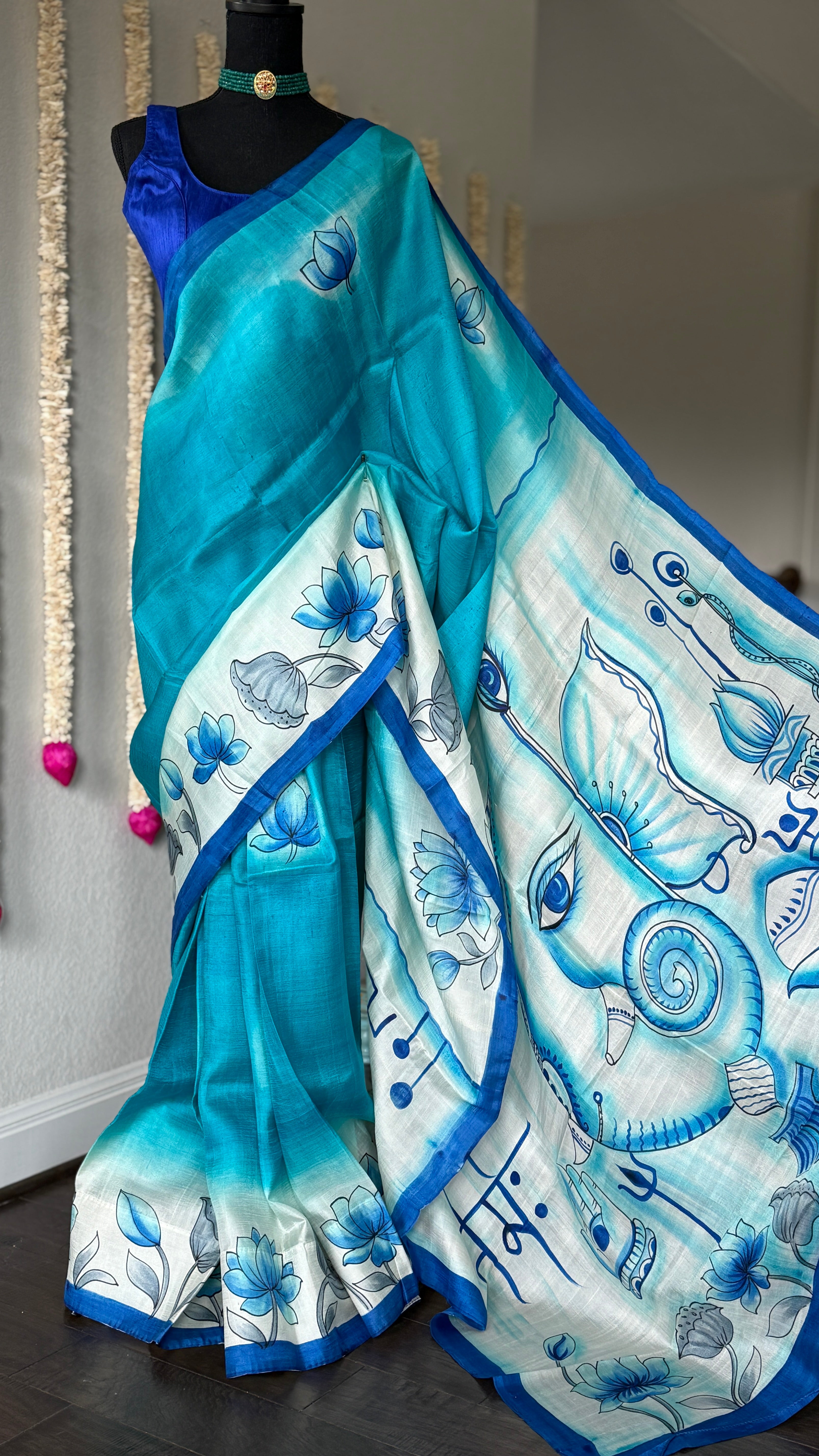 Hand Painted Tussar Silk - Firozi Blue Ganesha