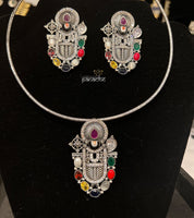 Silver 925 Set - Navaratna Pendent & Earrings