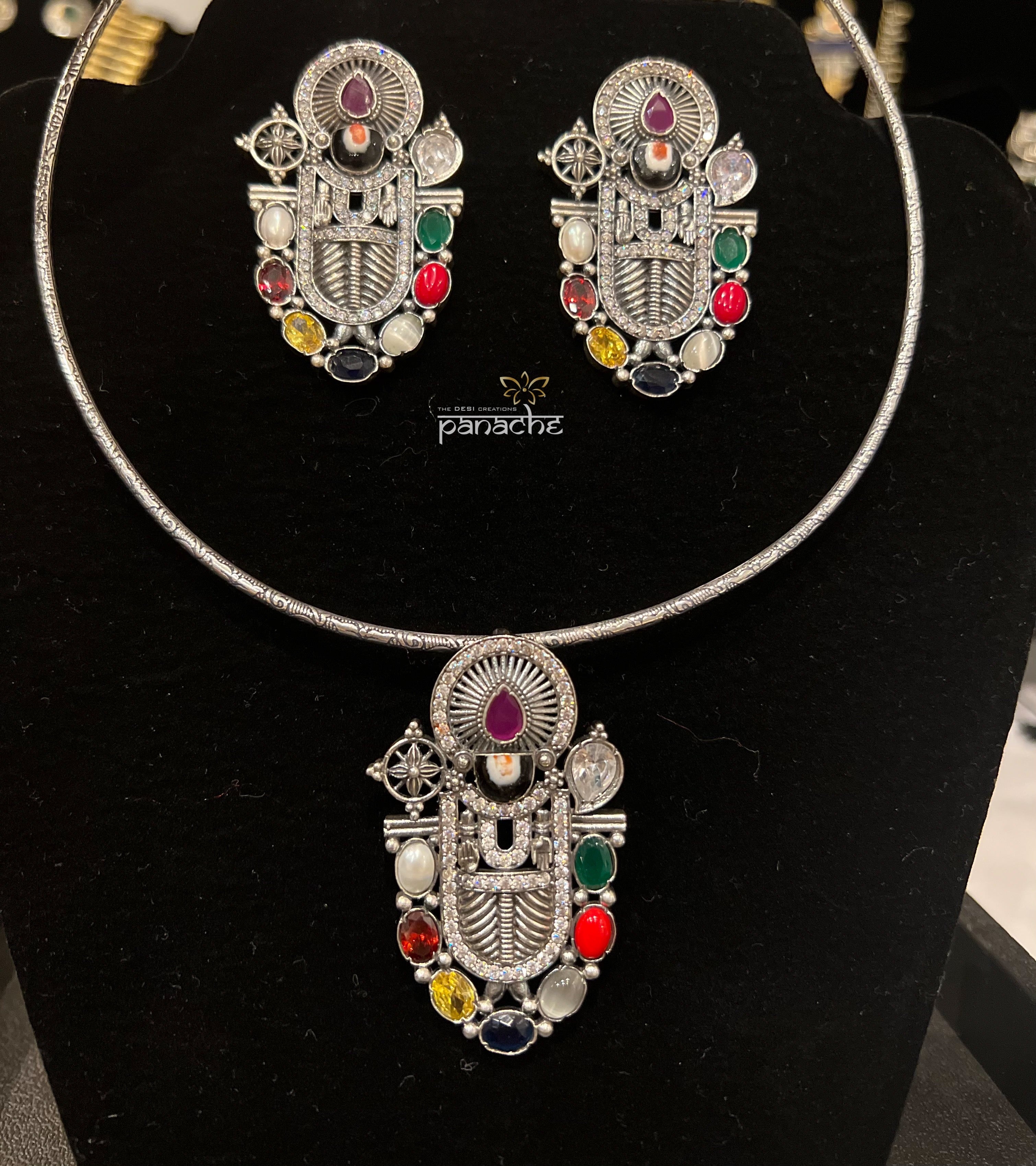 Silver 925 Set - Navaratna Pendent & Earrings