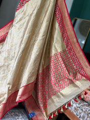 Pure Katan Silk Banarasi - Golden Beige Red Kadwa woven