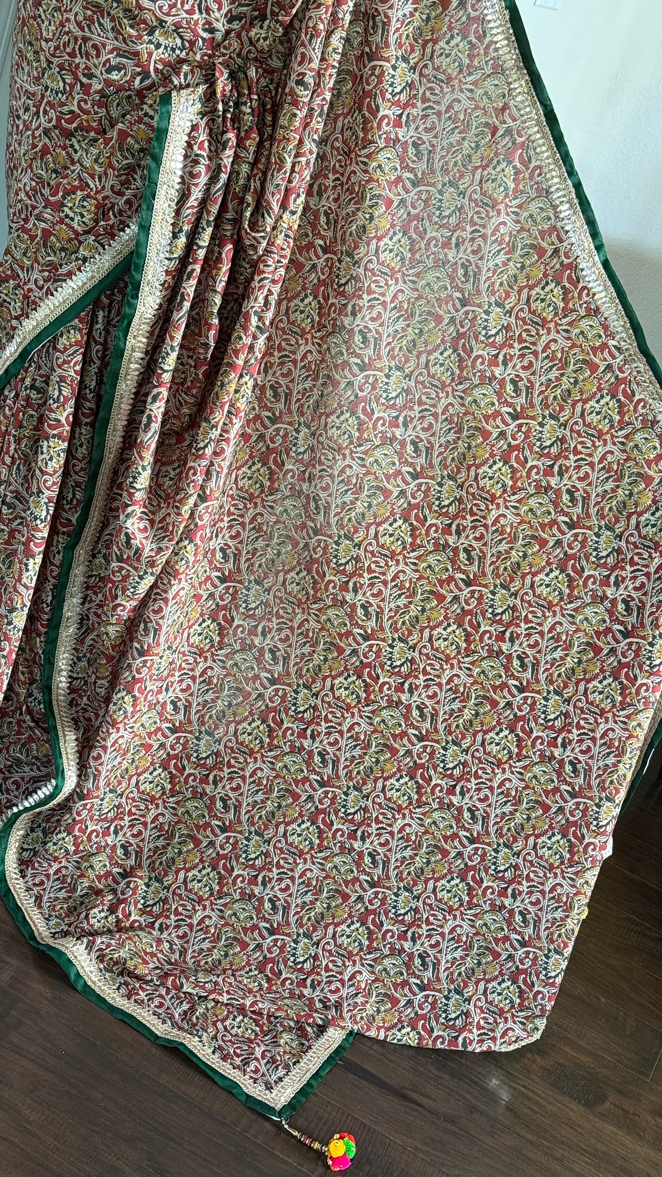 Designer Soft Silk - Green Maroon Kalamkari Printed