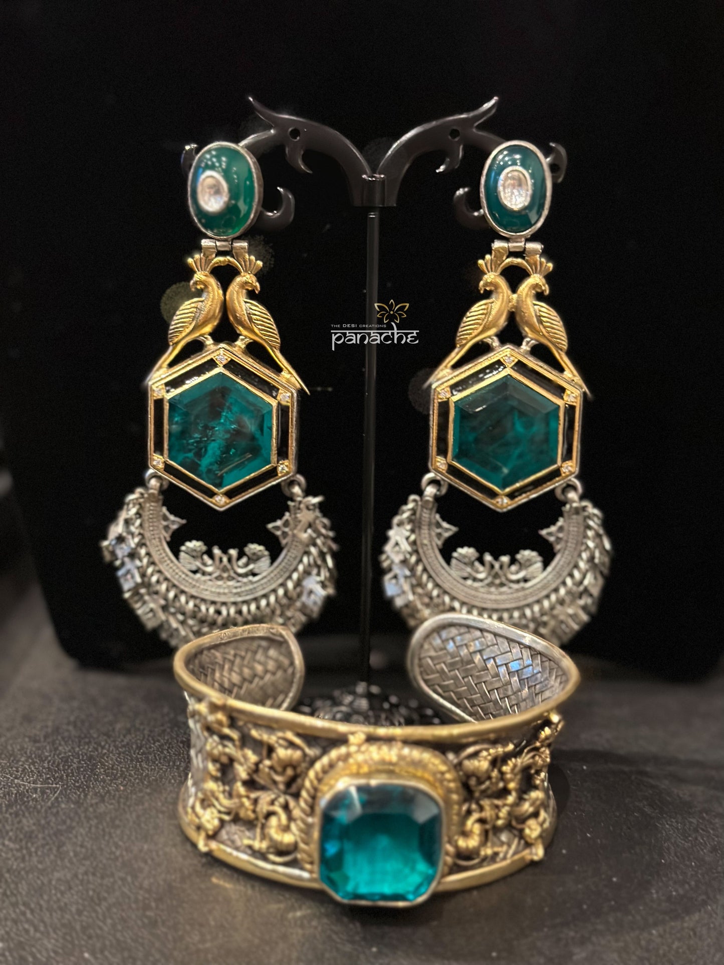 Artisan Earring 925 Silver- Green Kundan Dangler