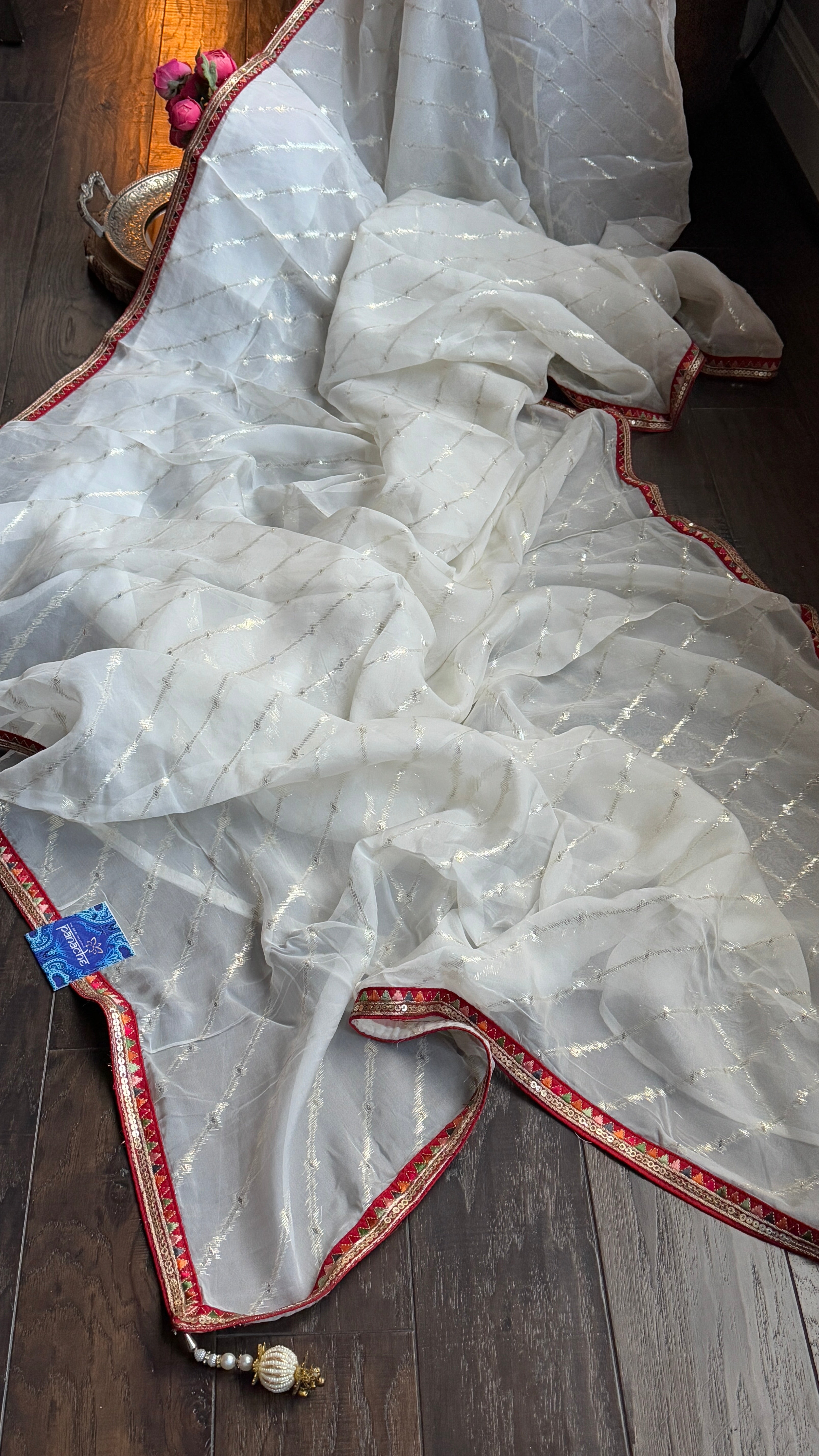 Designer Organza - Off White Silver Zari Leheriya