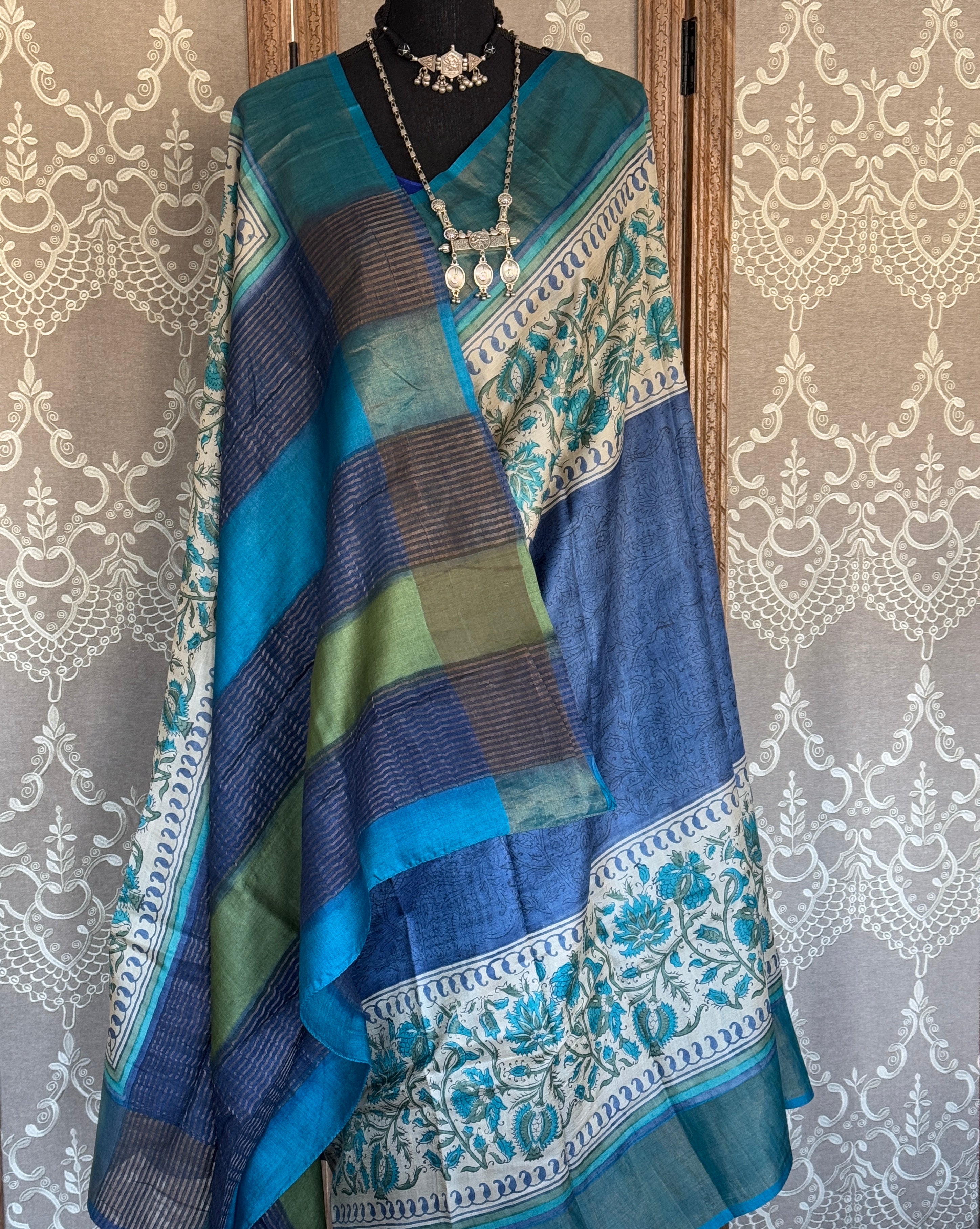 Pure Tussar Silk - Indigo Blue Hand Block Printed