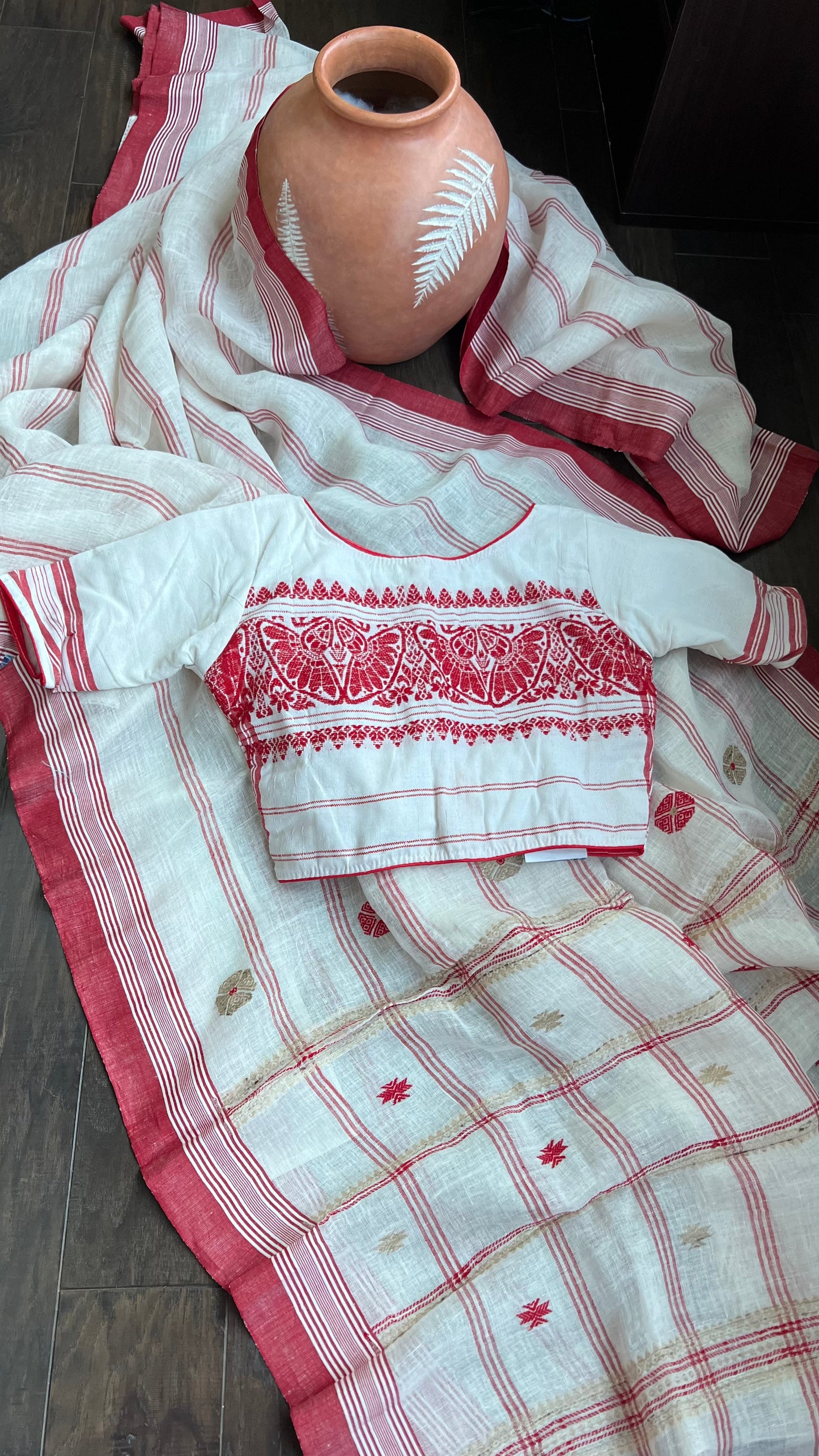 Designer Blouse - White Red Woven