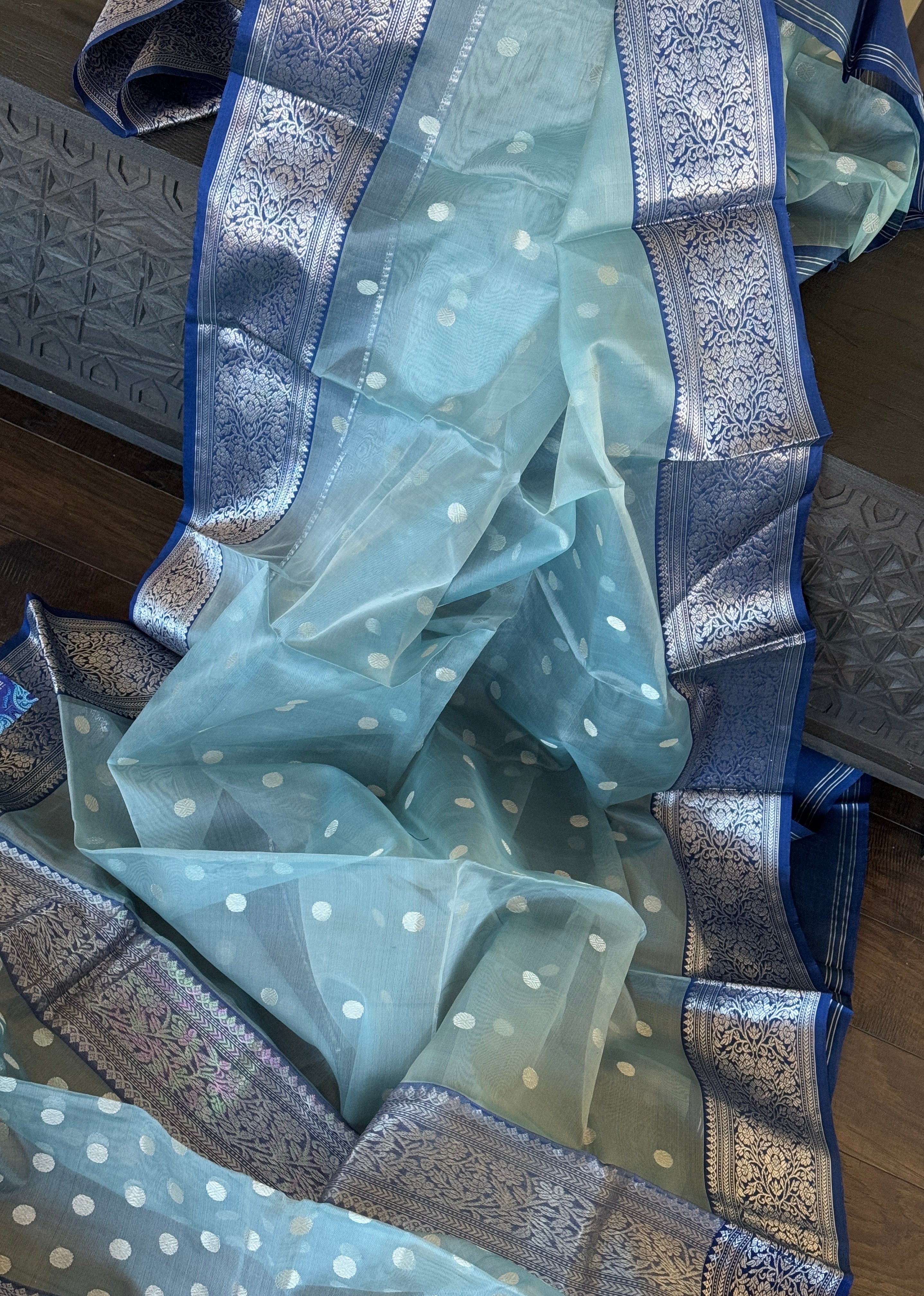 Chanderi Organza Silk - Light Aqua grey Blue