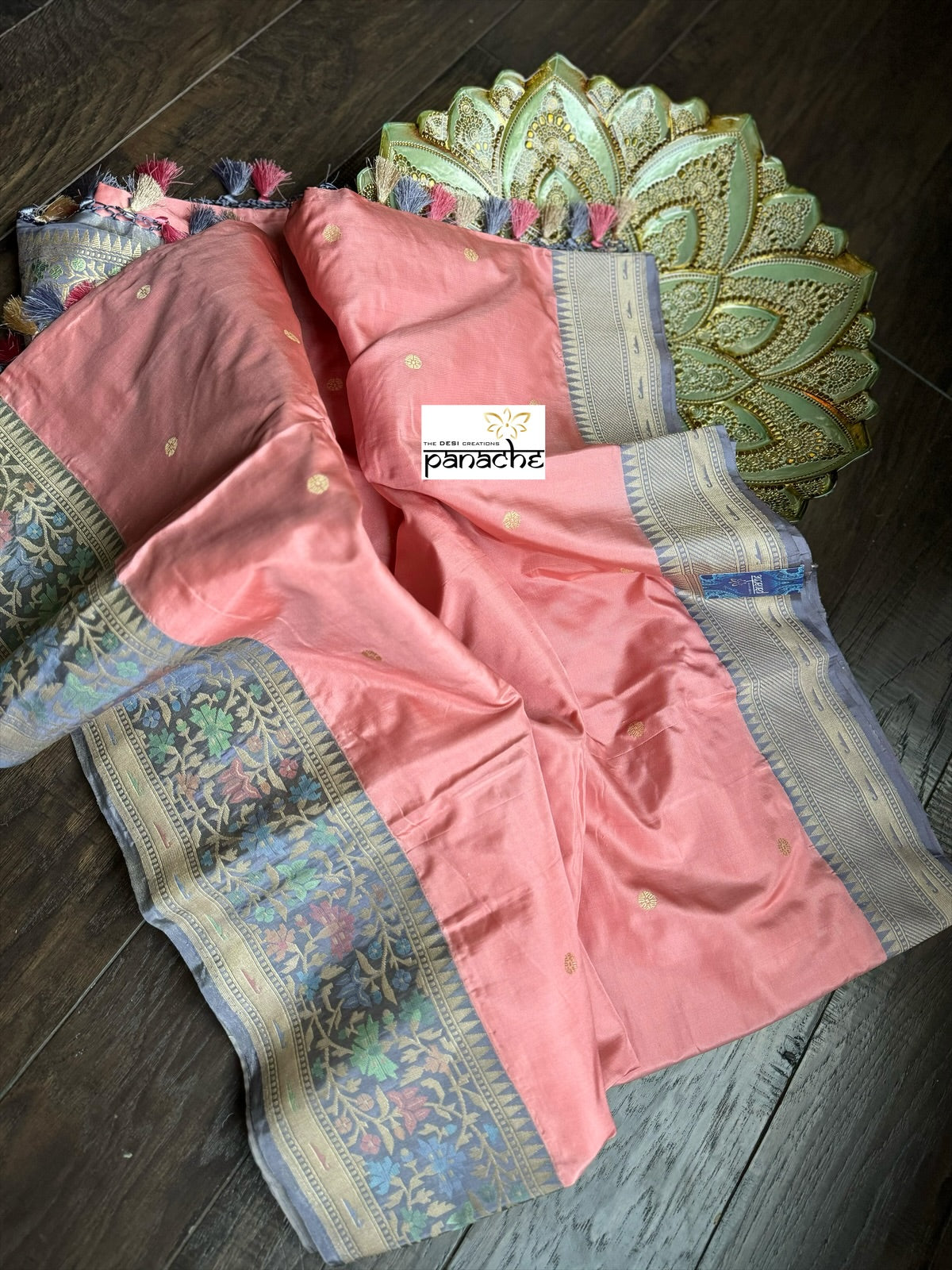 Pure Silk Paithani Banarasi- Pink Grey Tilfi
