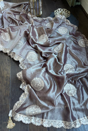 Designer Crushed Tissue Georgette - Brown Hand Pitta Work
