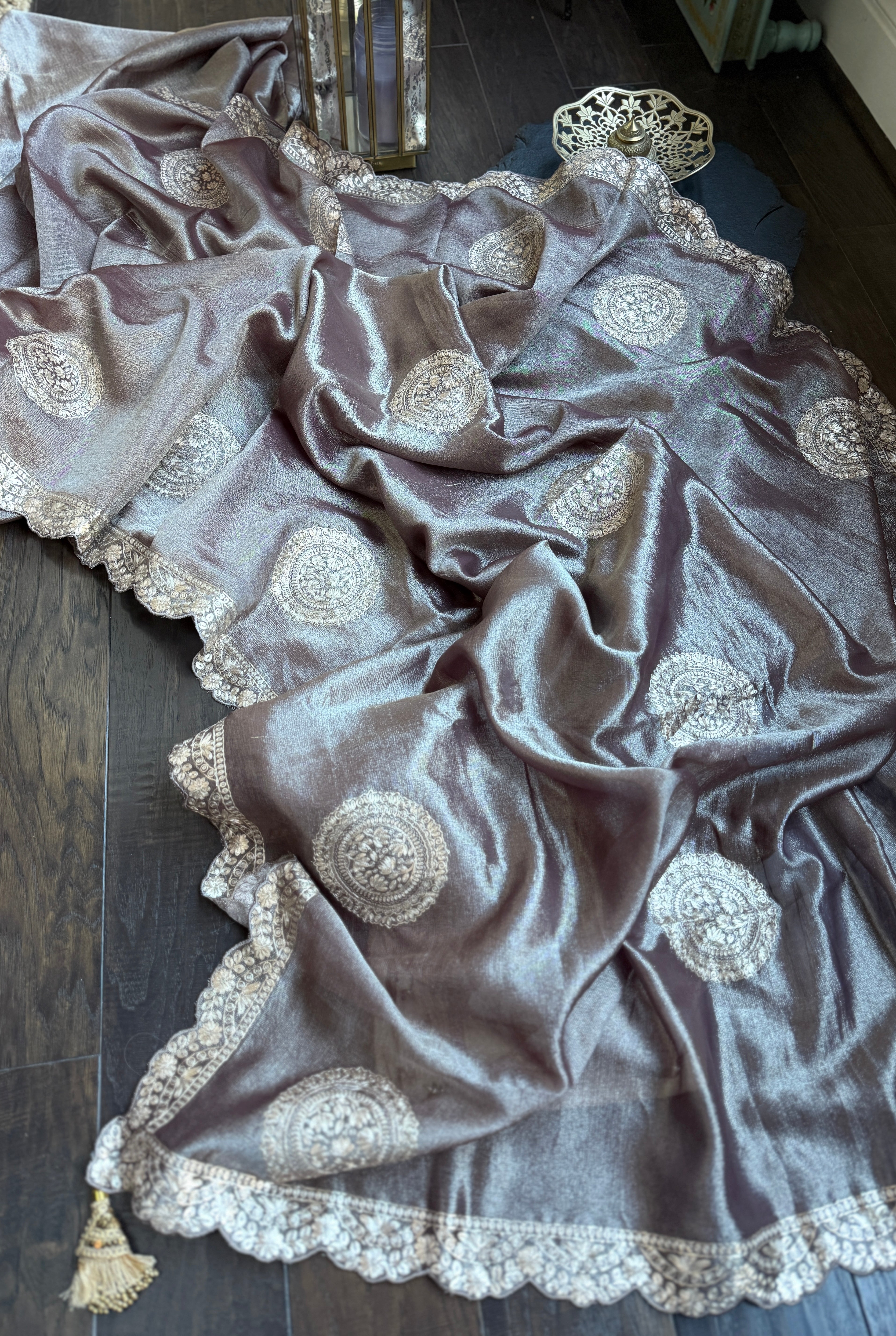 Designer Crushed Tissue Georgette - Brown Hand Pitta Work