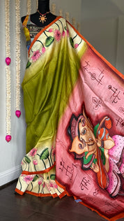 Hand Painted Tussar Silk - Mehendi Green Ganesha
