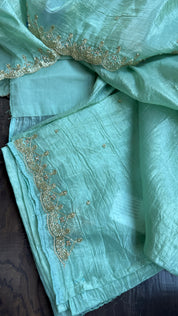 Designer Crushed Tissue Silk - Sea Gree Embroidered