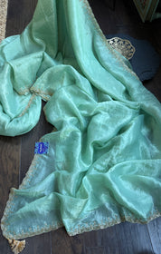 Designer Crushed Tissue Silk - Sea Gree Embroidered