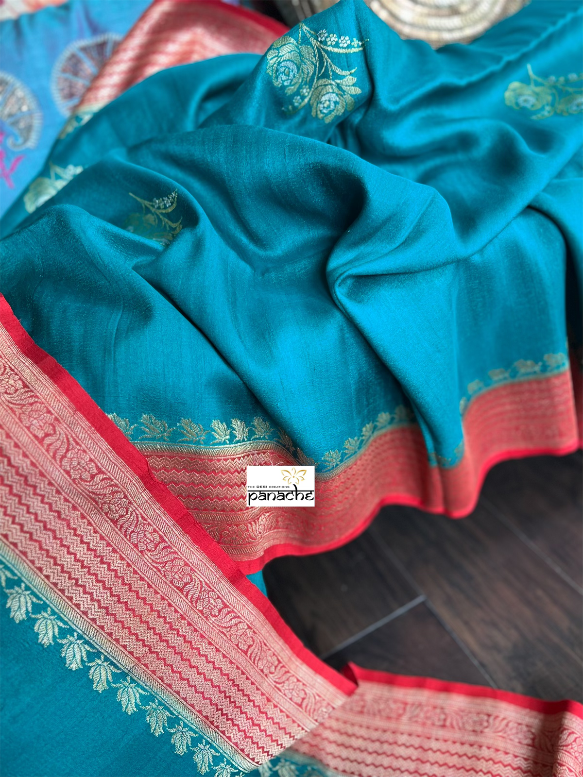 Tussar Georgette Banarasi - Rama Green Red Kadwa