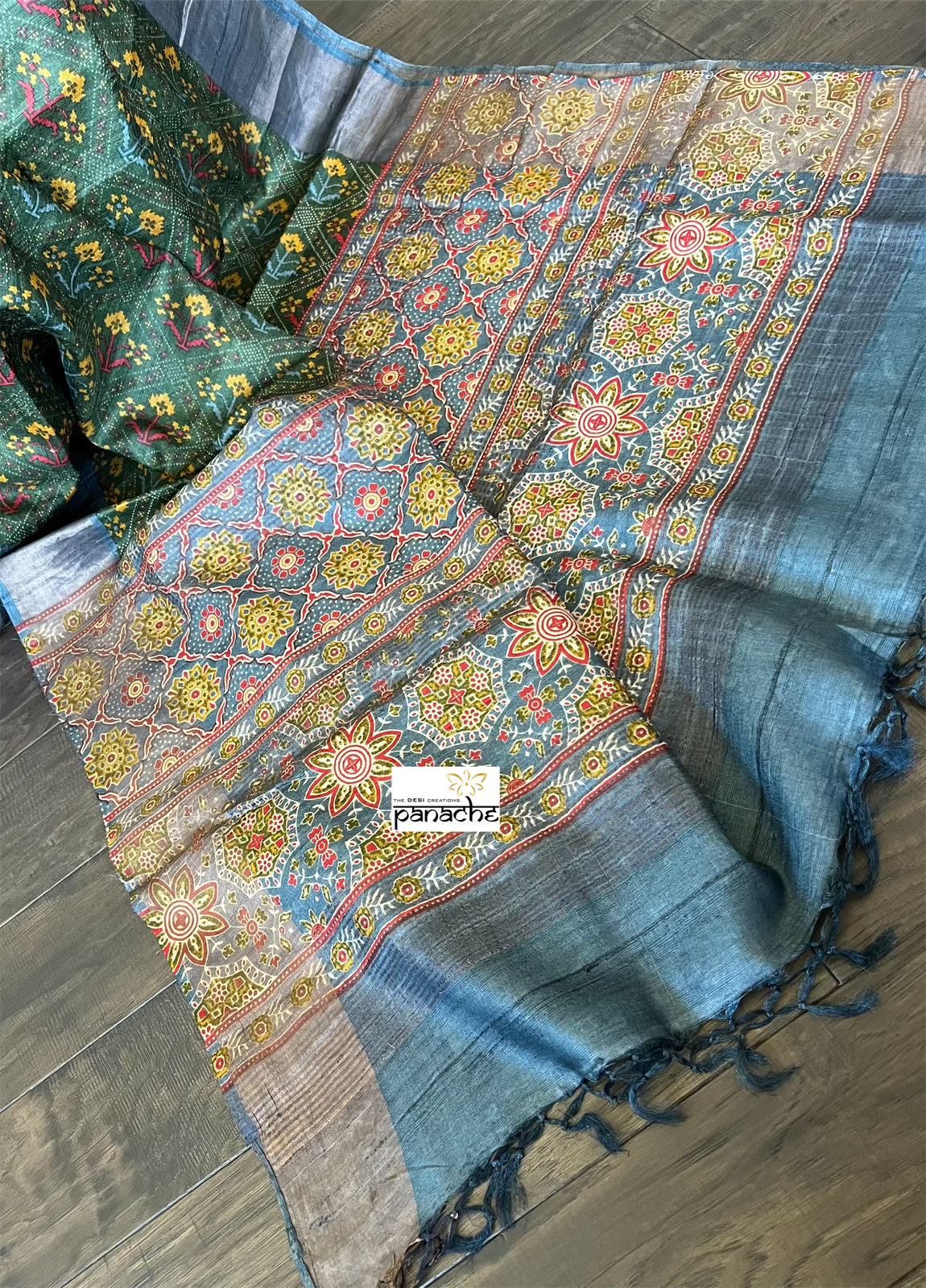 Pure Tussar Silk Digital Printed - Green Grey Patola