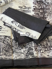 Pure Vishnupur Katan Silk -  Off White Black Kolkata Printed