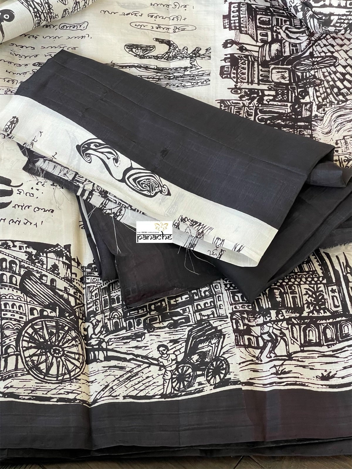 Pure Vishnupur Katan Silk - Ivory Black Kolkata Printed