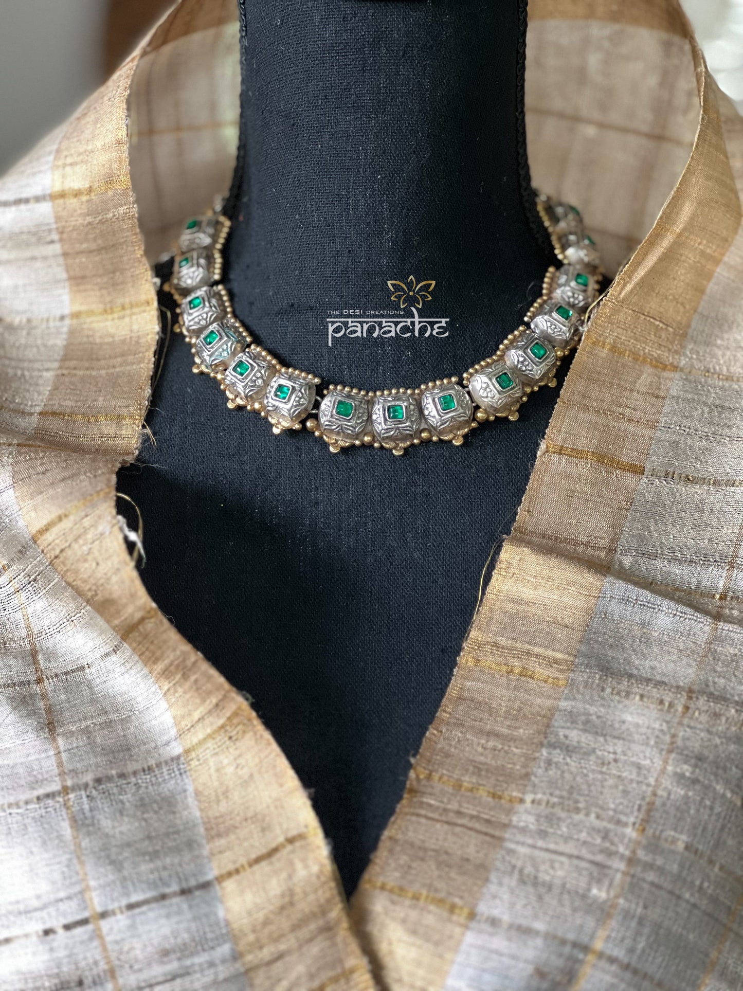 Silver 925 Necklace Set - Green Kundan Dual Tone