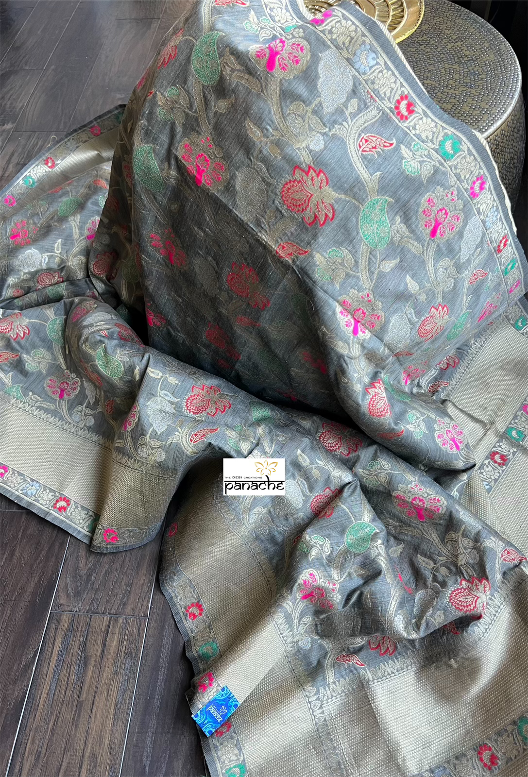 Soft Muga Tussar Banarasi - Grey Meenakari Woven