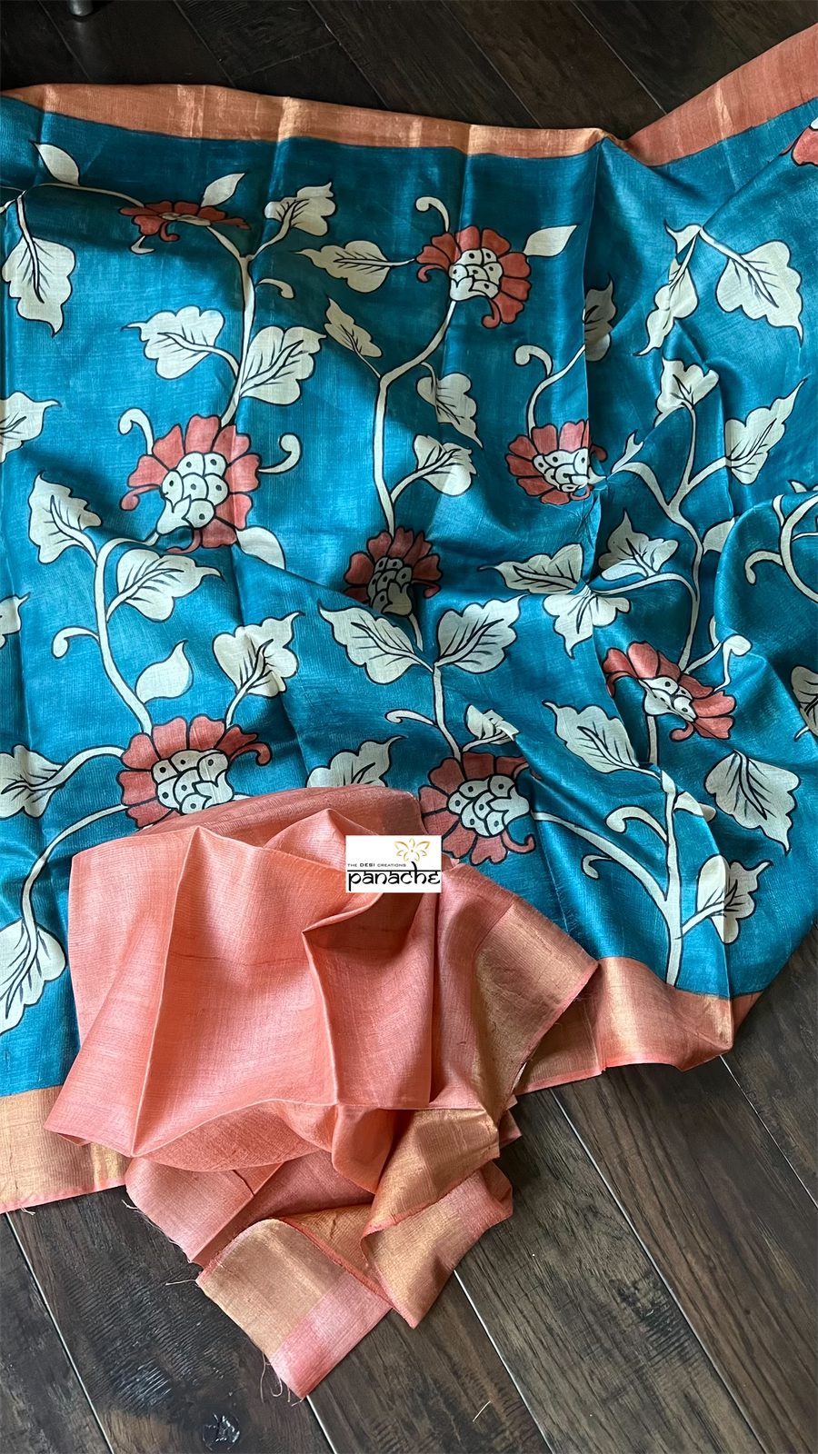Pen Kalamkari Tussar Silk - Cobalt Blue Peach