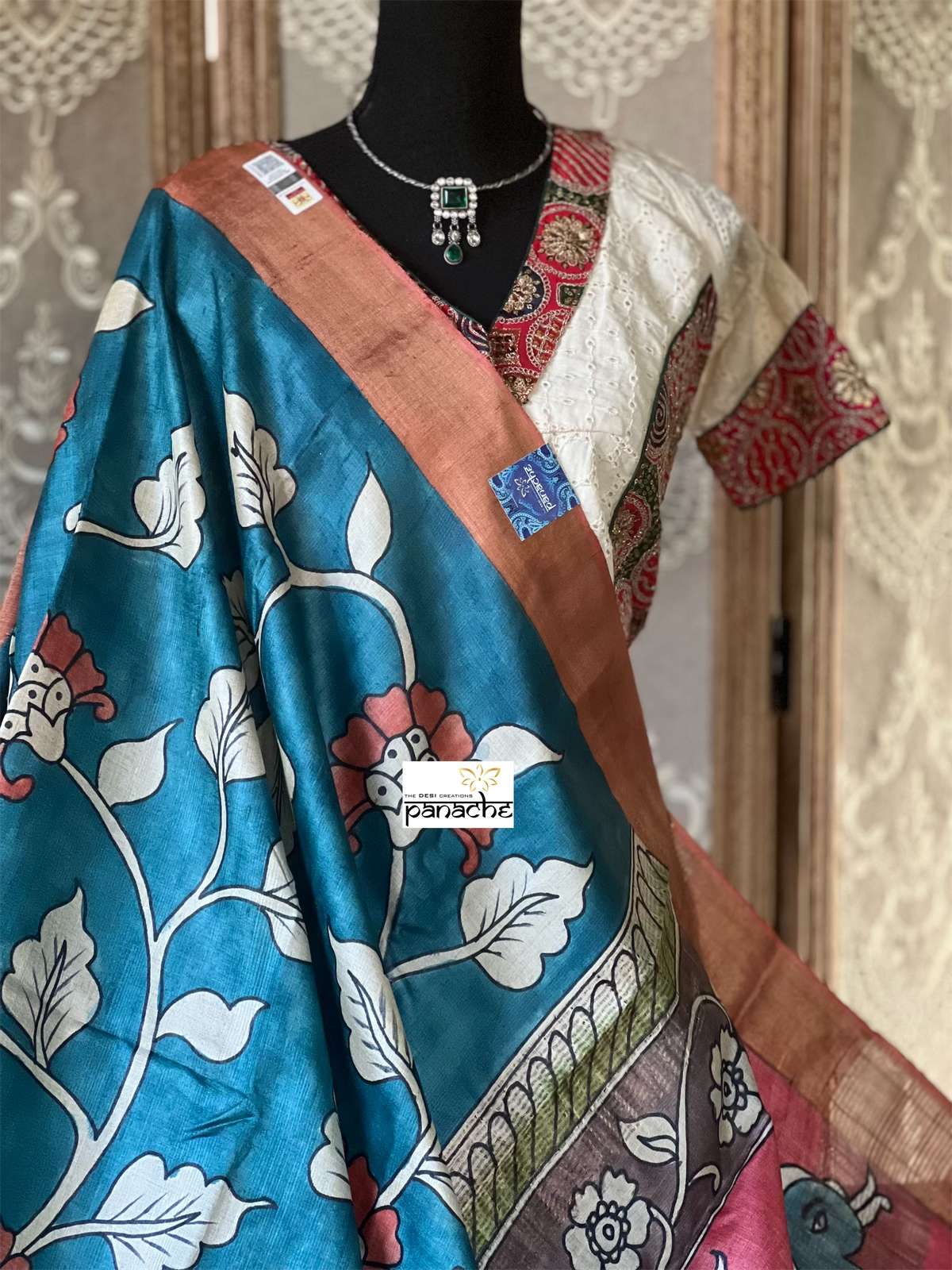 Pen Kalamkari Tussar Silk - Cobalt Blue Peach