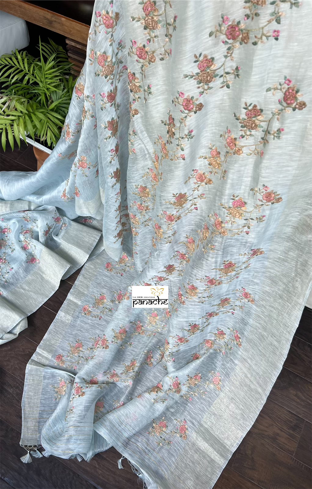 Embroidered Linen Silk- Light Blue