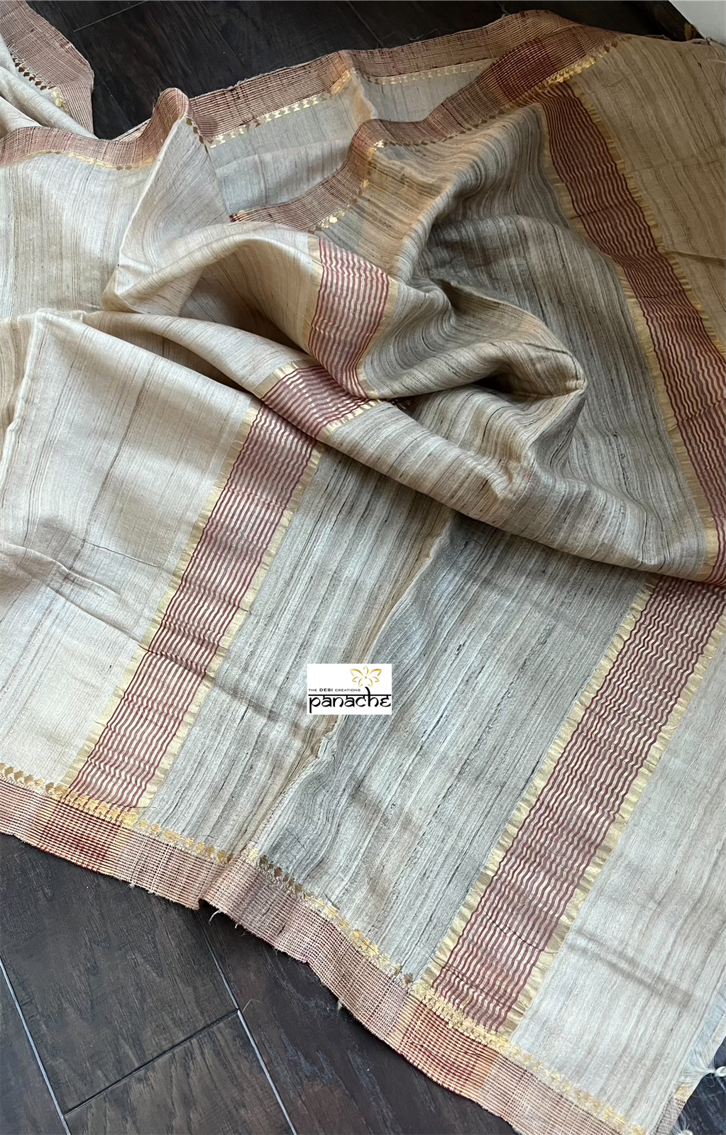 Pure Tussar Silk - Beige Maroon