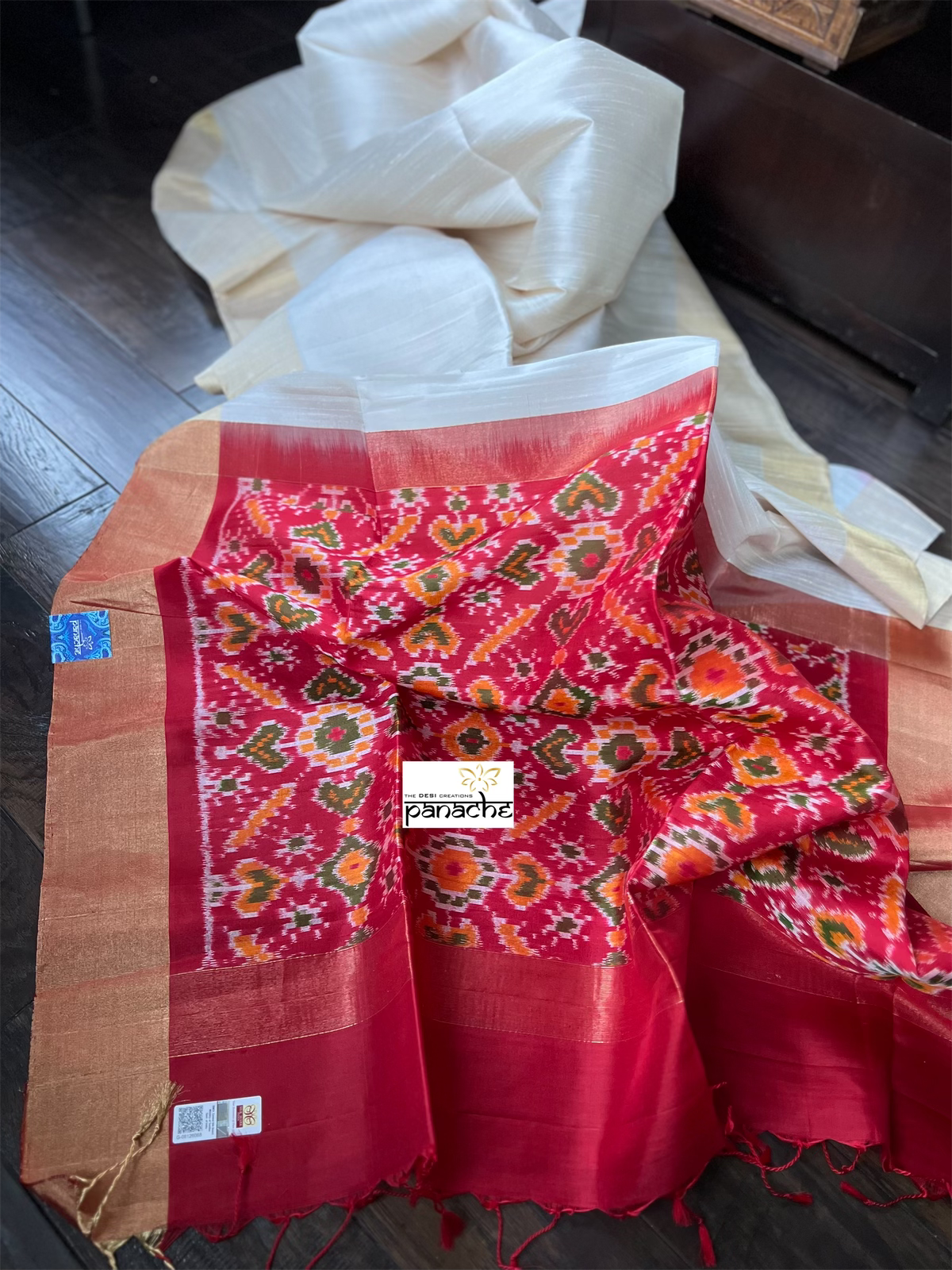 Pure Raw Silk Sambalpuri ikat - Off-White Red