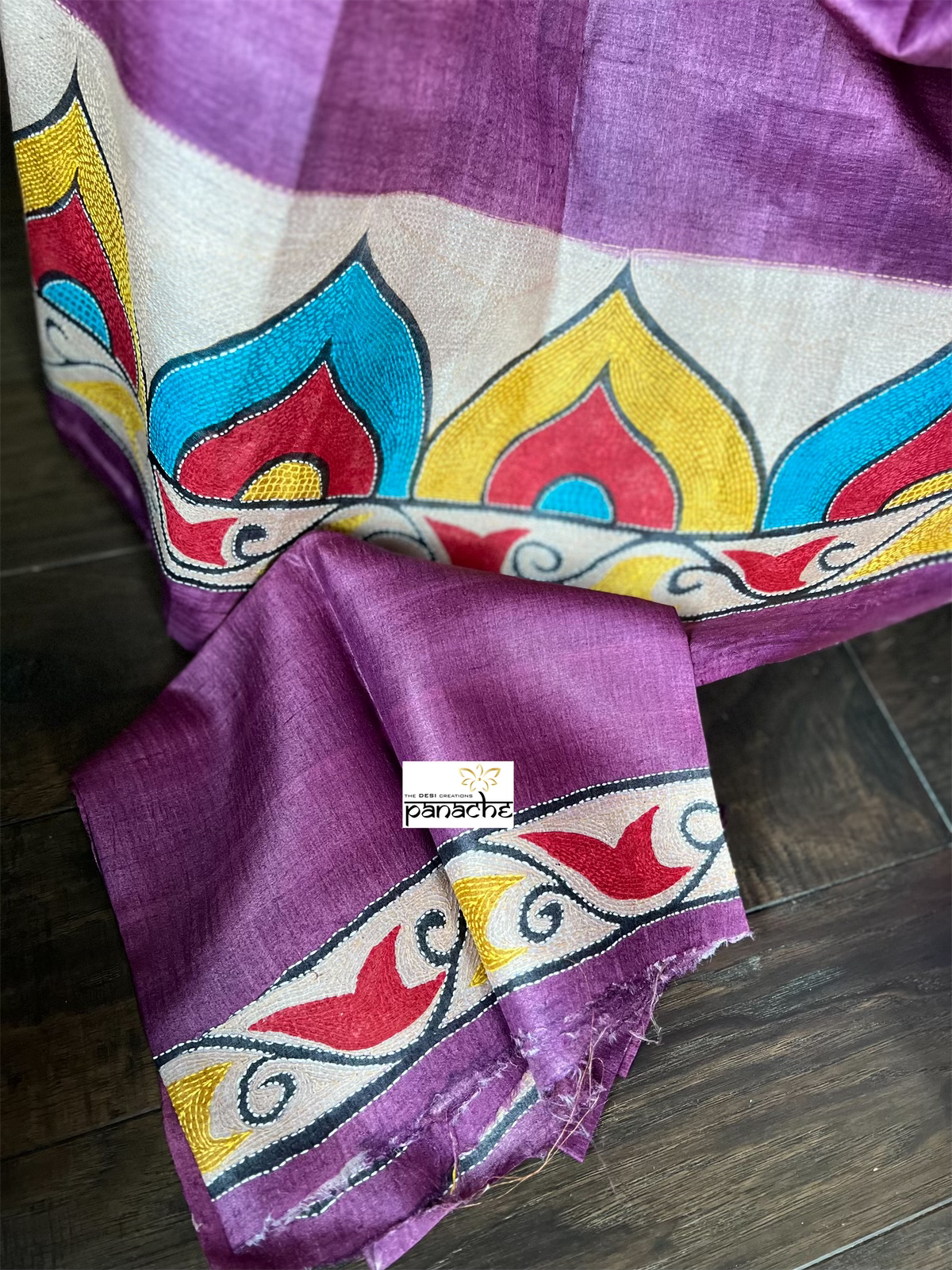 Pure Tussar Silk Sujni Kantha Stitch - Purple Elephant