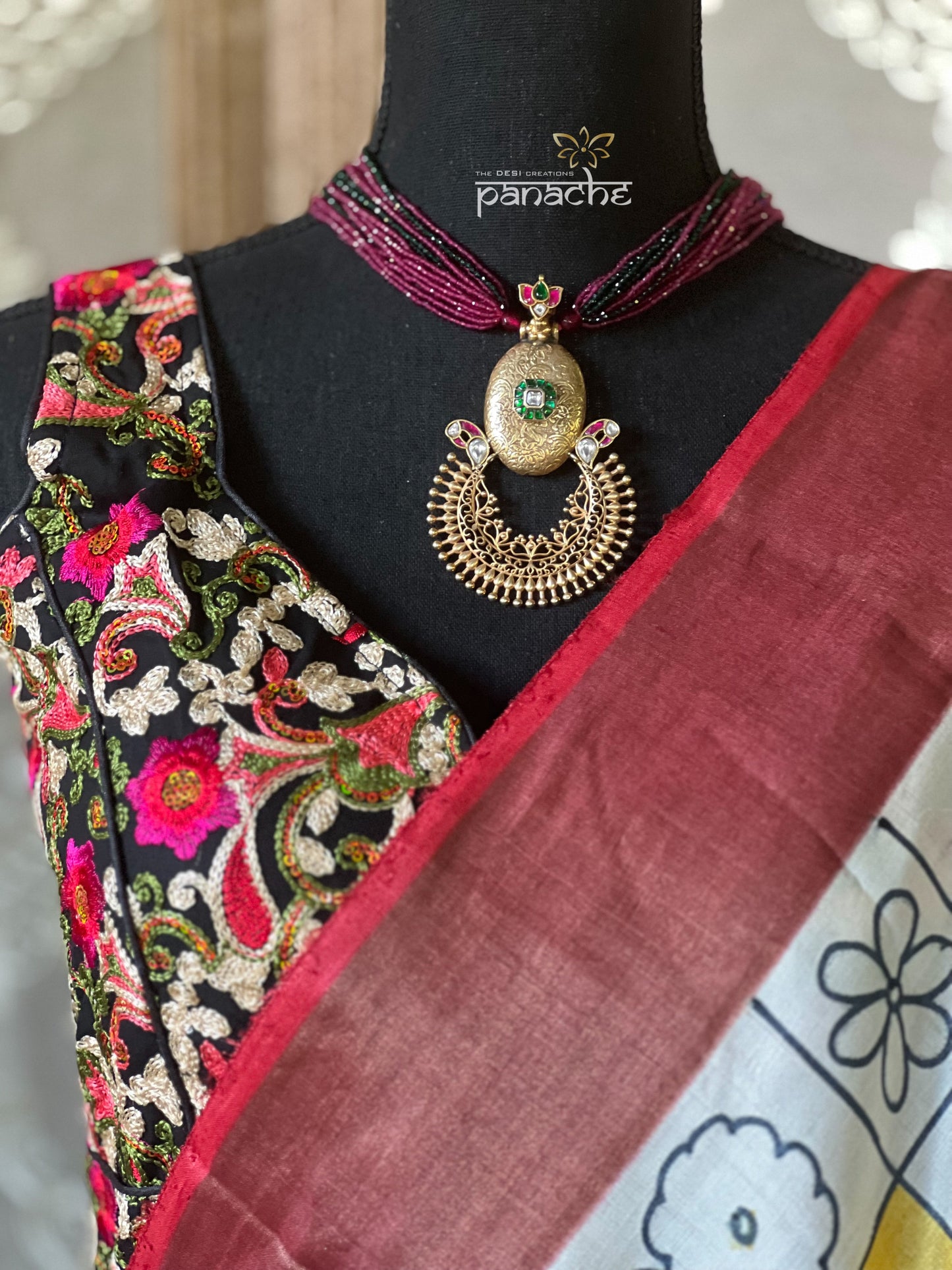 Silver 92.5 Beaded Necklace - Gold Kundan