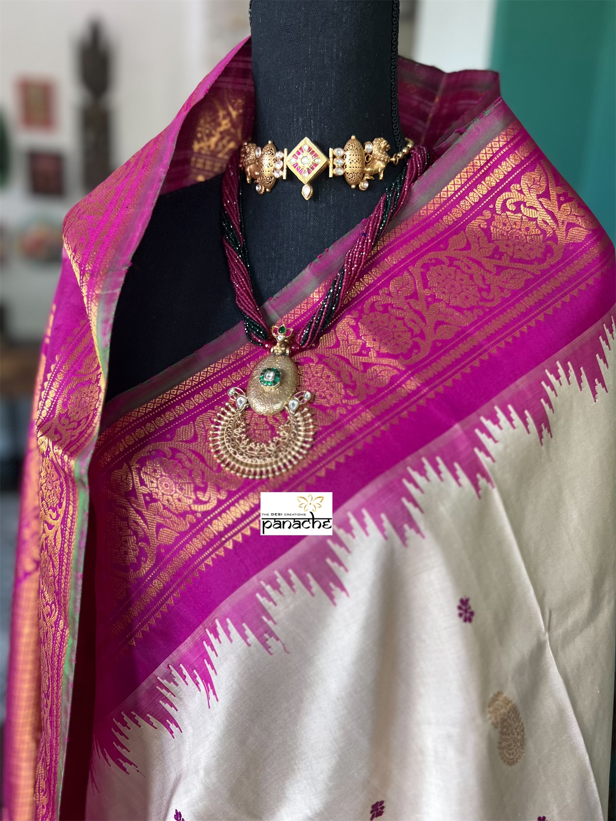 Silver 92.5 Beaded Necklace - Gold Kundan
