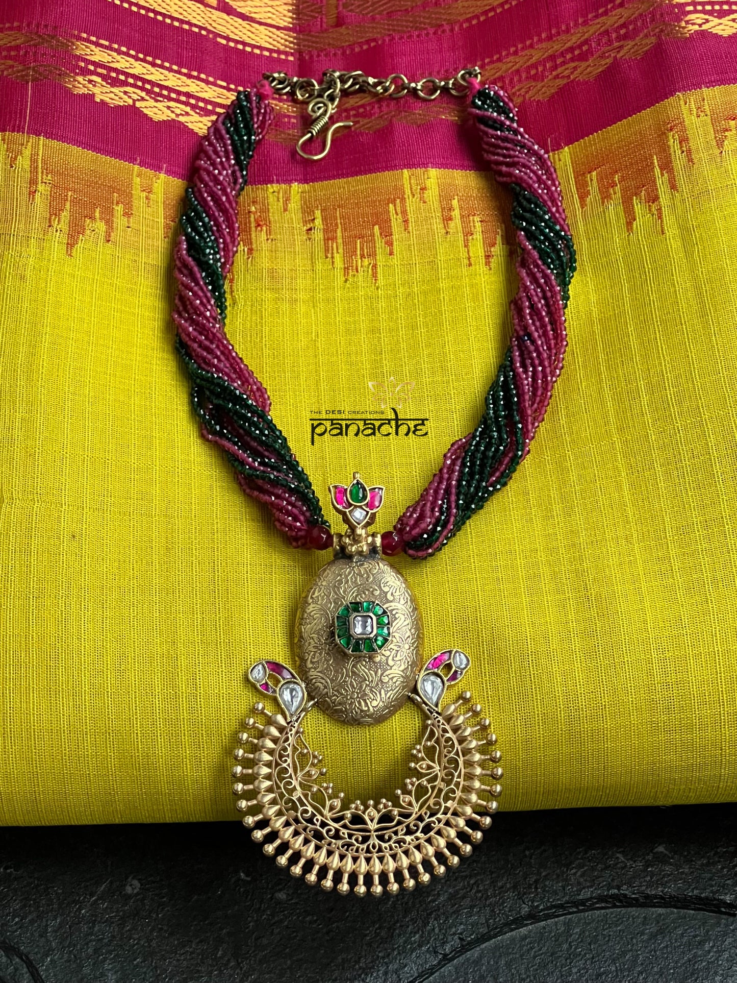 Silver 92.5 Beaded Necklace - Gold Kundan