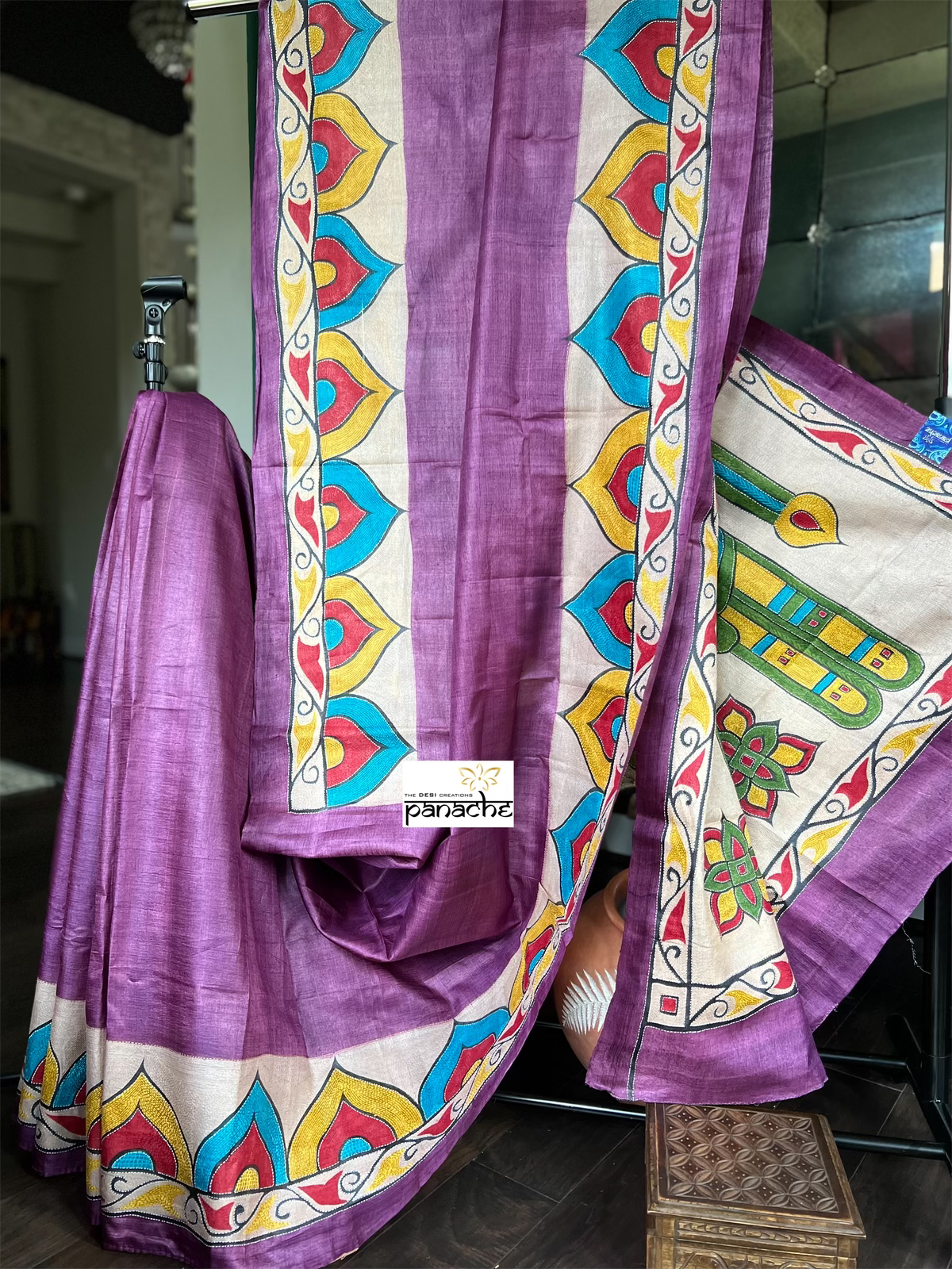 Pure Tussar Silk Sujni Kantha Stitch - Purple Elephant