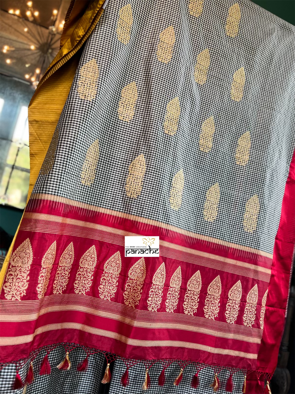 Katan Silk Banarasi - Black Red Yellow Checkered Kadwa