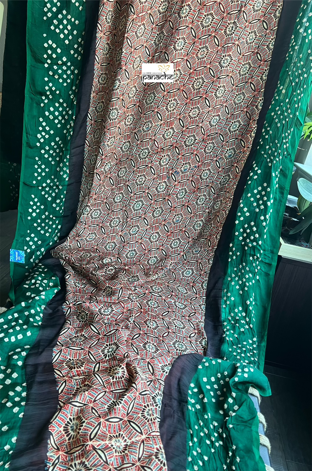 Modal Silk Ajrakh Bandhej - Maroon Green
