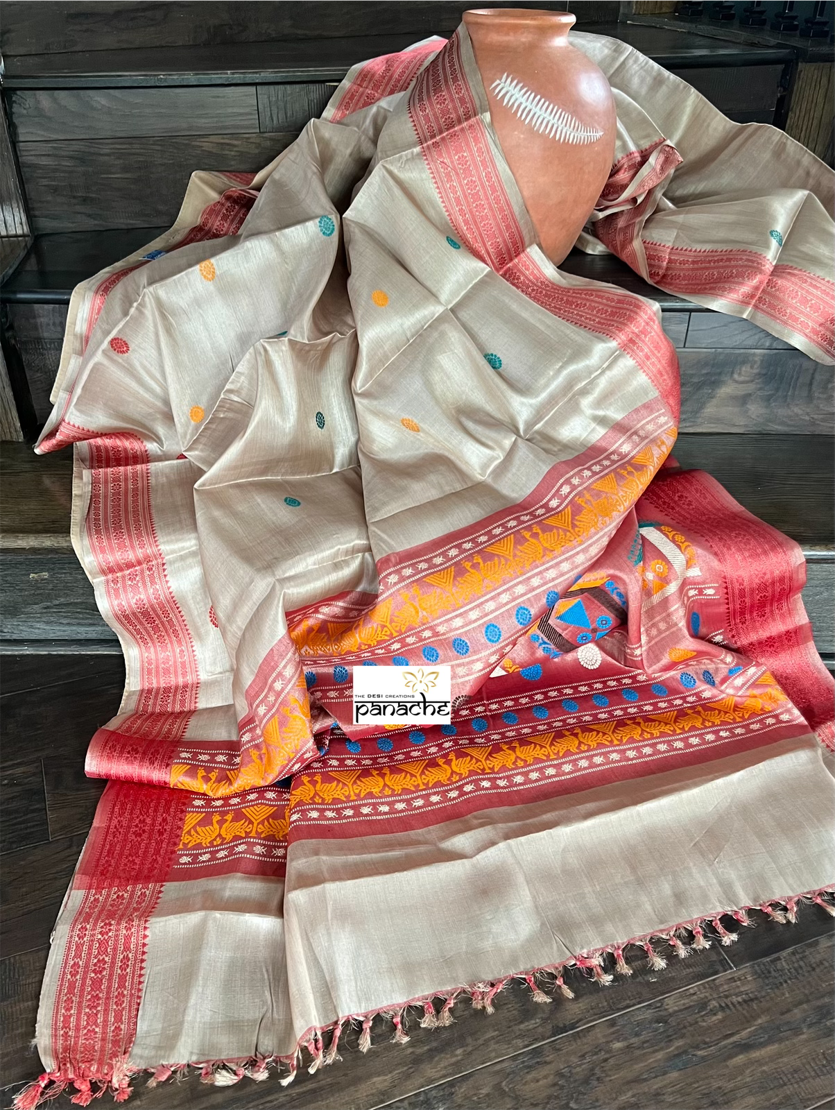 Pure Tussar Silk - Beige Red