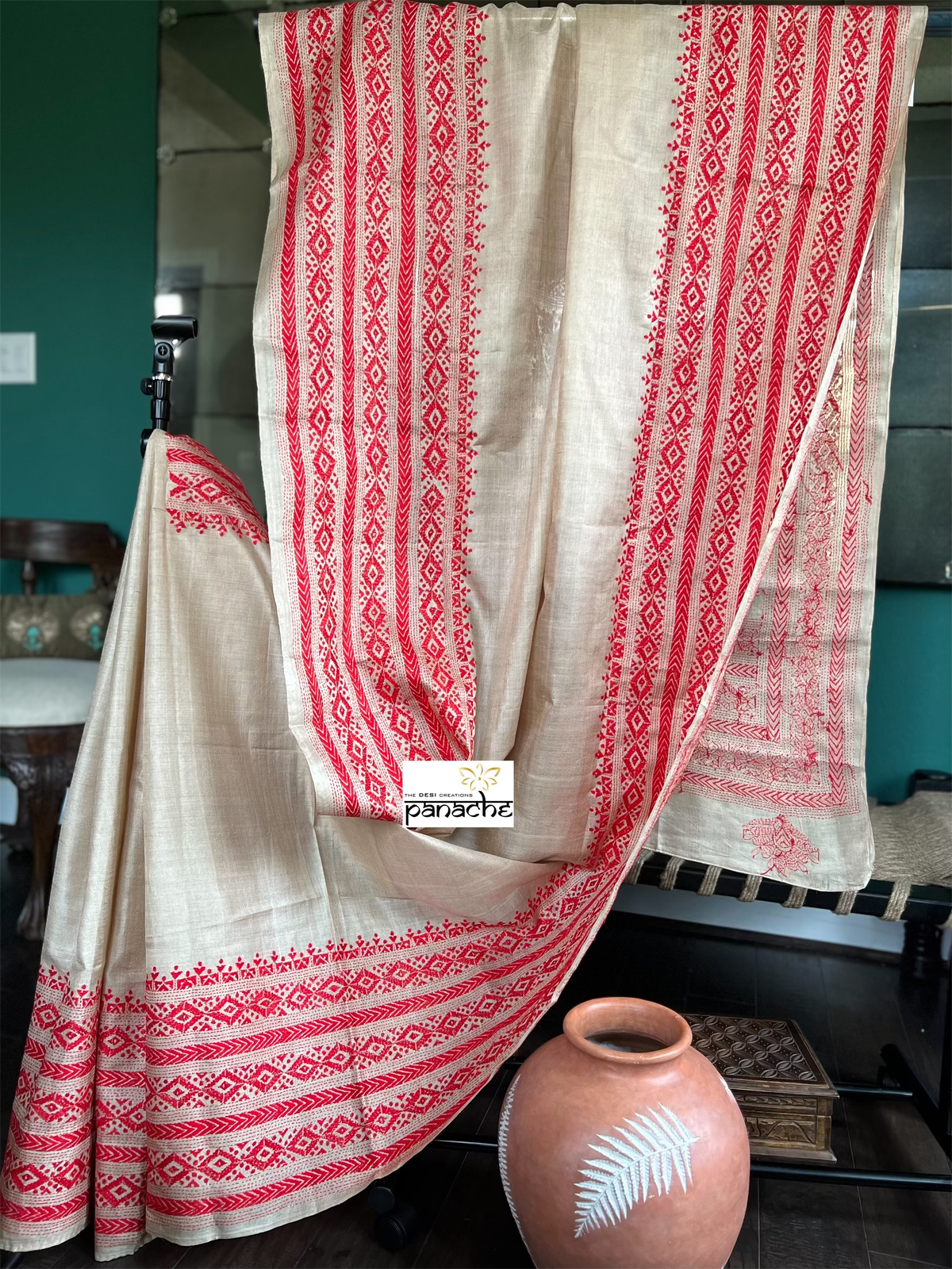 Pure Tussar Silk Kantha Stitch - Beige Red