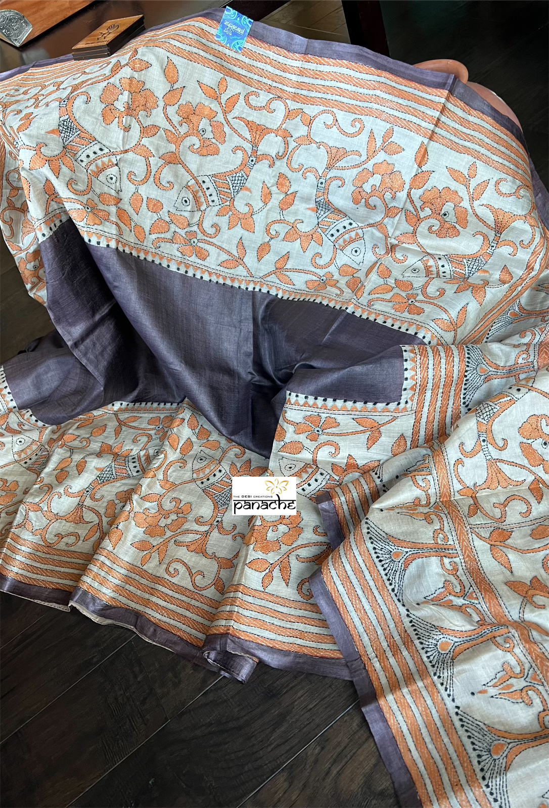 Pure Tussar Silk Kantha Stitch - Brown Orange