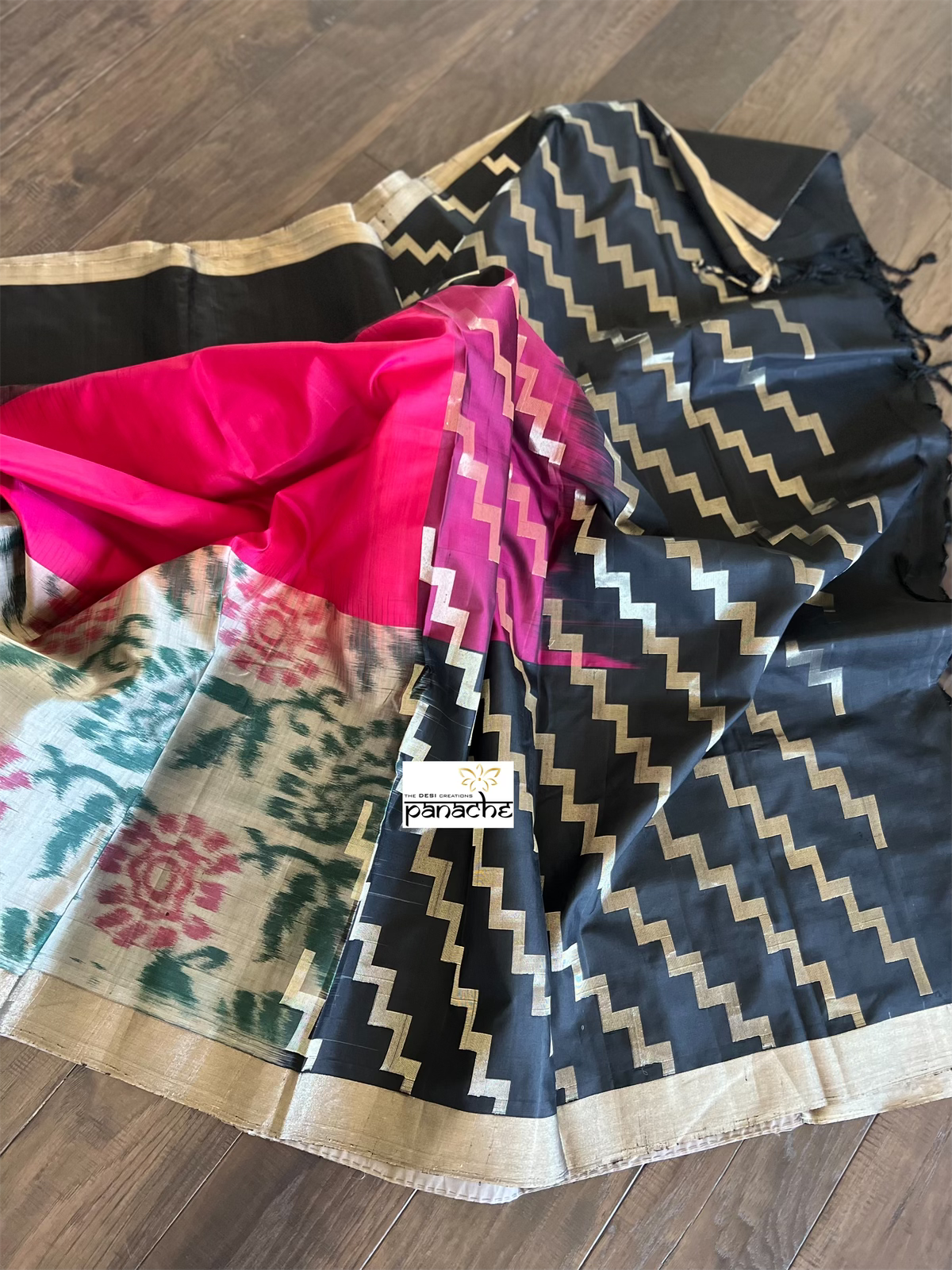 Pure Silk Kanjivaram - Black Magenta Ikat Woven