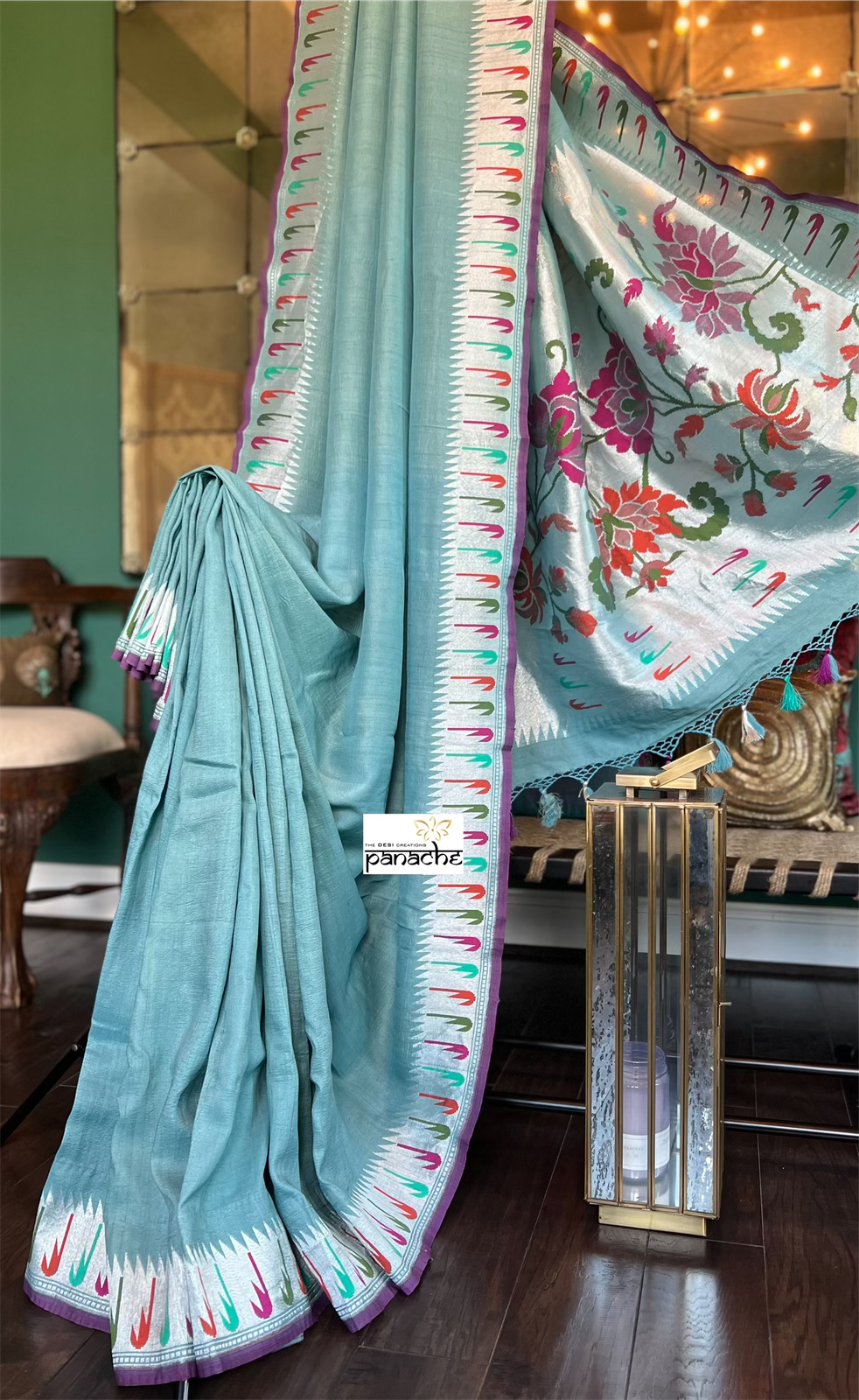 Tussar Georgette Banarasi- Teal Blue Grey Antique Silver