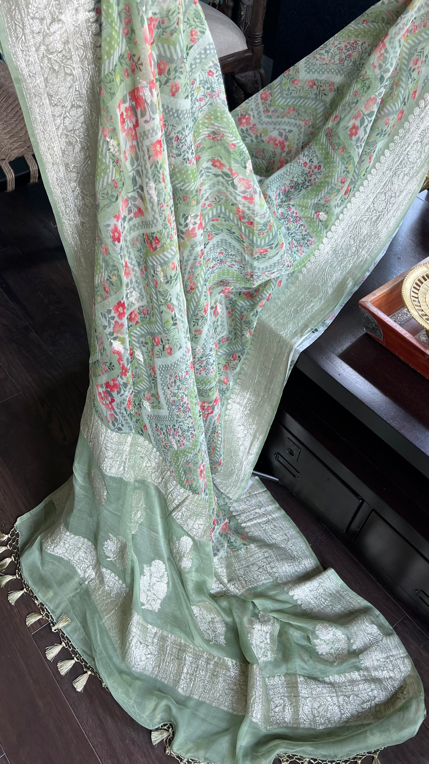 Khaddi Chiffon Banarasi - Pista Green Digital Printed