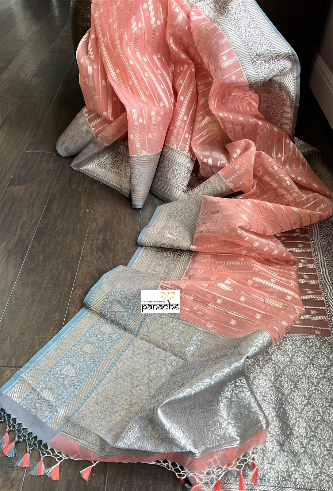 Kora Silk Banaras Chanderi - Peach Grey