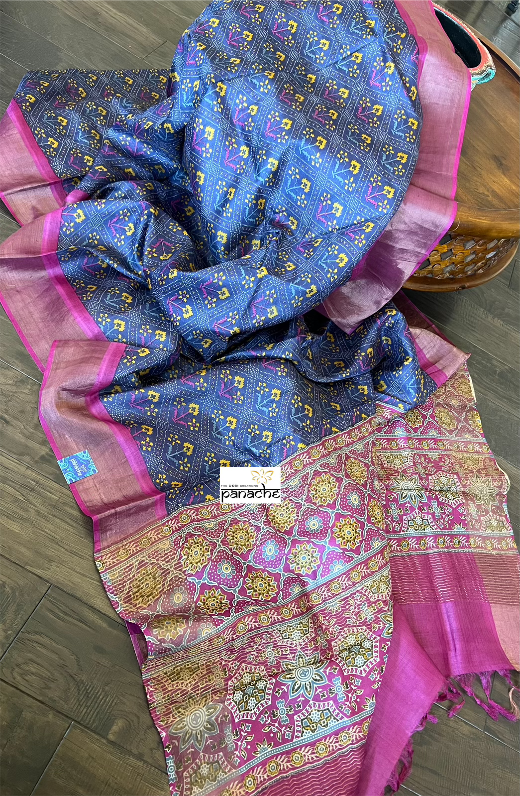 Pure Tussar Silk Digital Printed -  Blue Magenta Patola