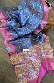 Pure Tussar Silk Digital Printed -  Blue Magenta Patola