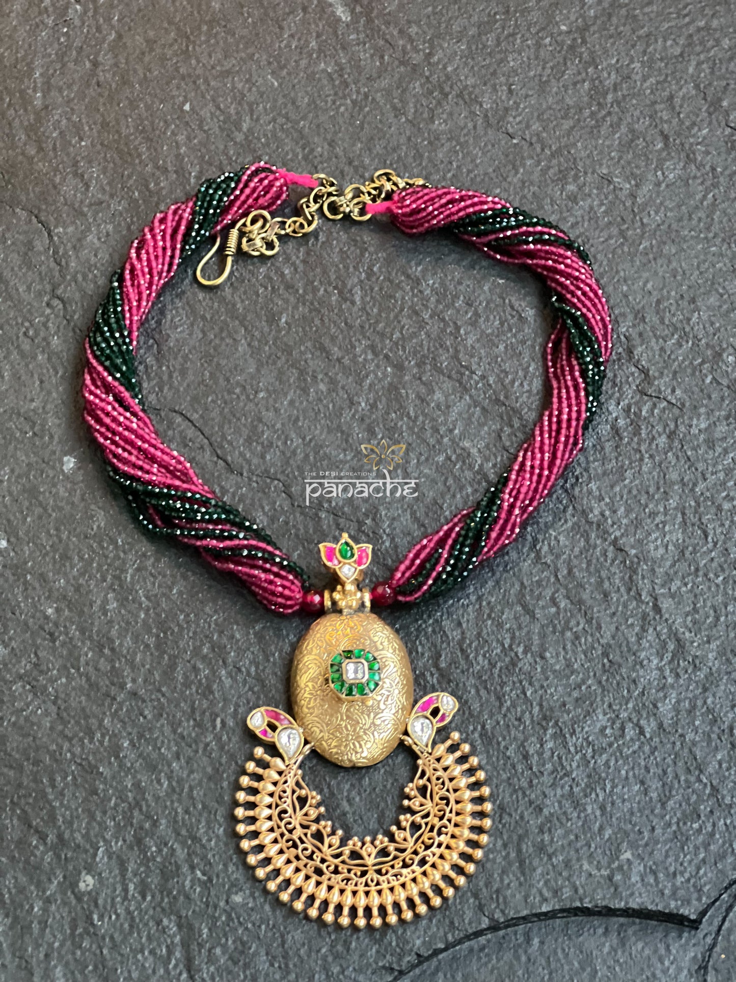 Silver 92.5 Beaded Necklace - Gold Kundan