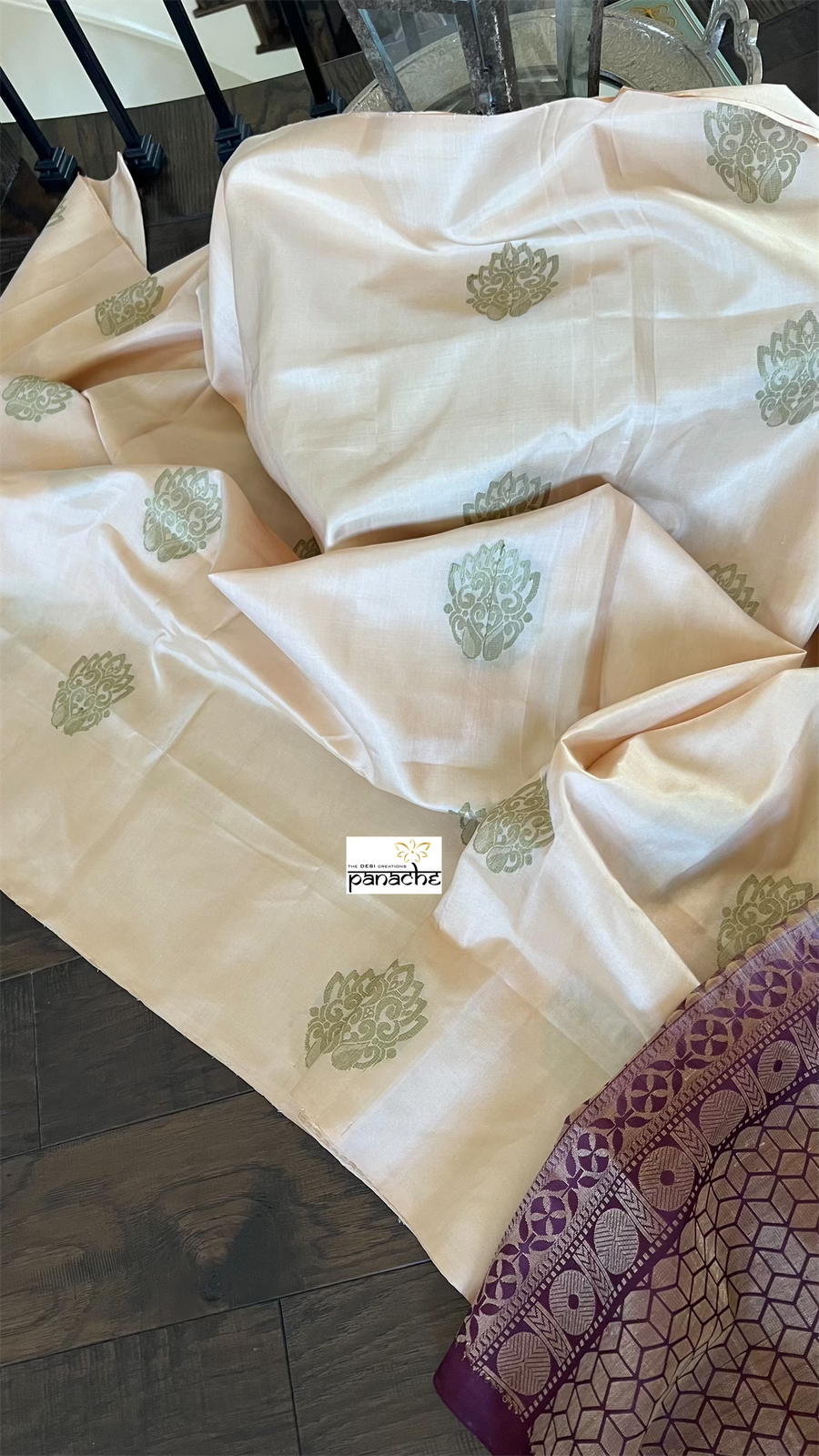 Pure Silk Kanjivaram - Light Peach Cream Wine