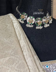Silver 925 Choker Earring Set - Green Kundan