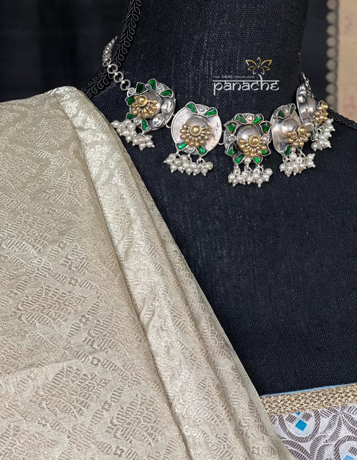 Silver 925 Choker Earring Set - Green Kundan